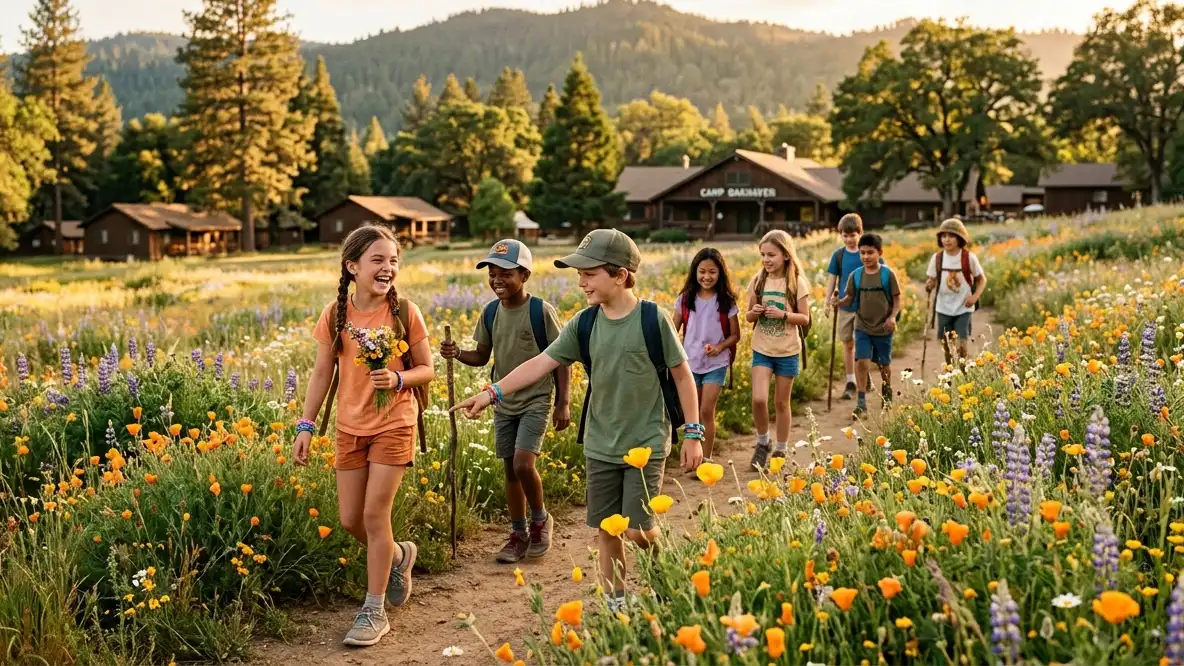 kids in wildflowers at summer-camp