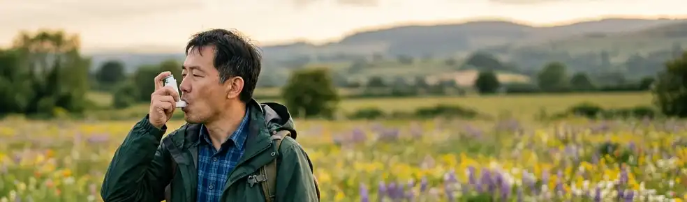 man using asthma inhaler in a field of wildflowers